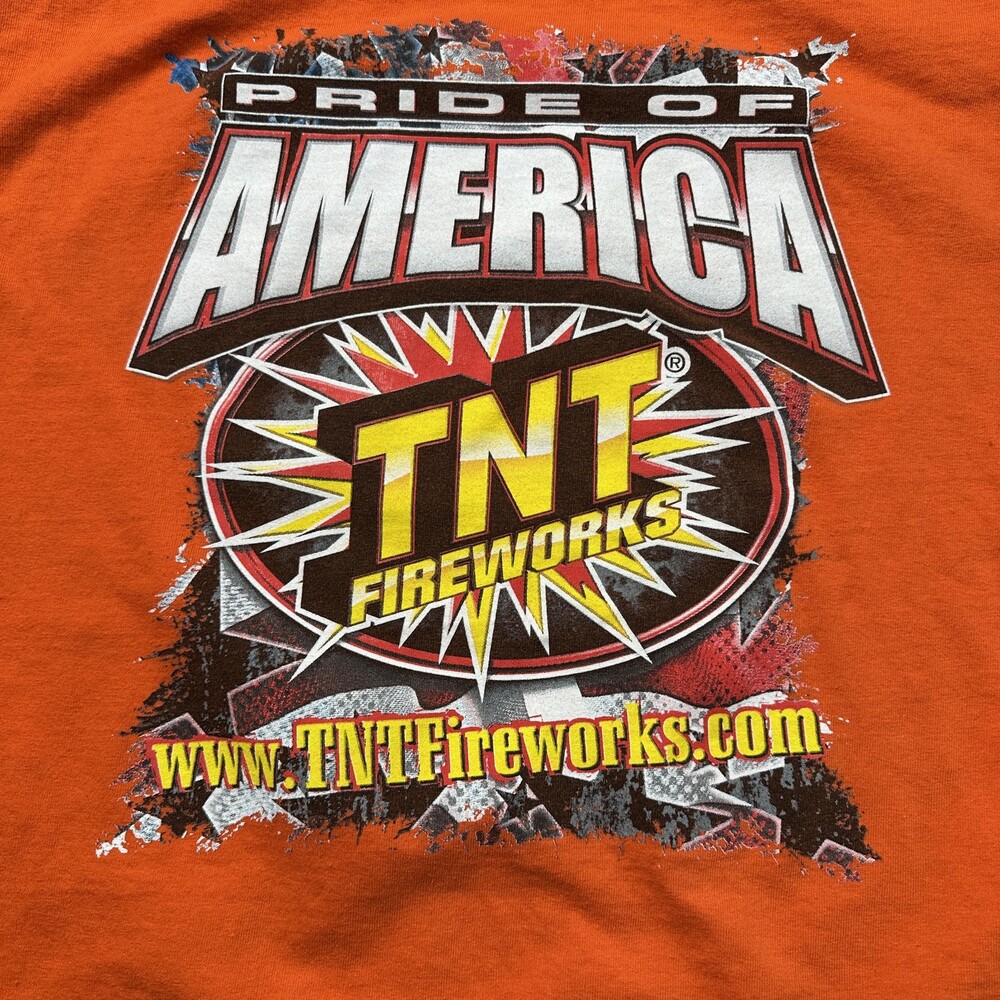 TNT Fireworks Shirt Mens Large Orange Gildan Ultra Cotton Promo Pride of America